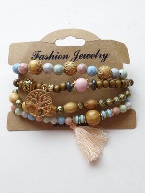 Set of 4 Bohemian Style Beaded Stretch Bracelets Tassel & Tree of Life Charm NEW